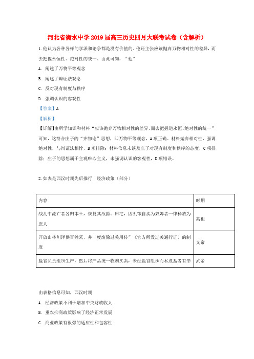 河北省衡水中学2019届高三历史四月大联考试卷(含解析)