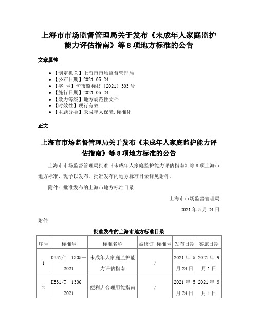 上海市市场监督管理局关于发布《未成年人家庭监护能力评估指南》等8项地方标准的公告