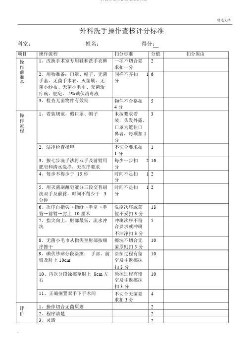 外科洗手操作考核评分标准