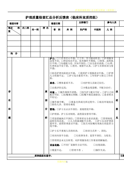 护理质量检查汇总分析反馈表月分析用