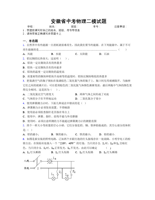 最新安徽省中考物理二模试题附解析