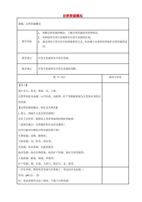 八年级地理上册3.1自然资源概况教案(新版)湘教版