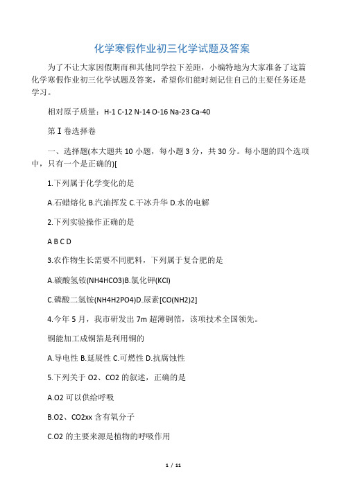 化学寒假作业初三化学试题及答案