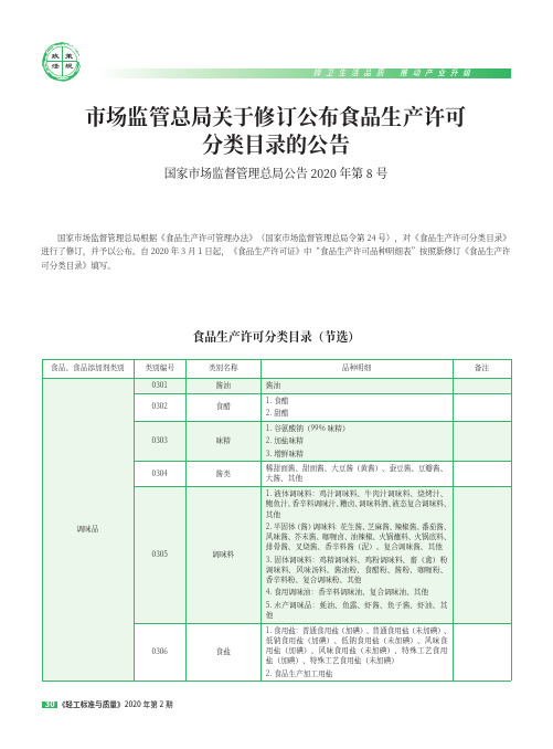 市场监管总局关于修订公布食品生产许可分类目录的公告——国家市场监督管理总局公告2020年第8号