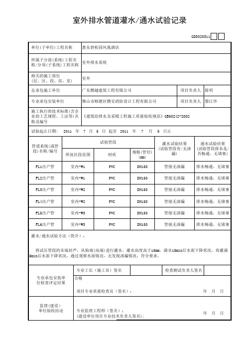 室外排水管道灌水通水试验记录