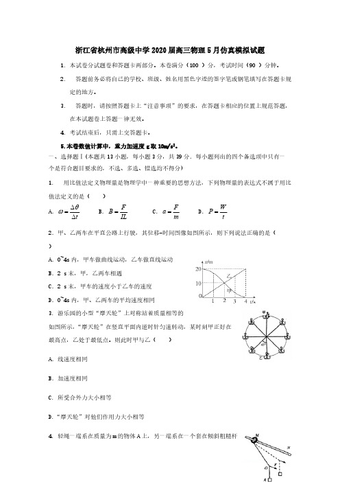 浙江省杭州市高级中学2020届高三物理5月仿真模拟试题[含答案]