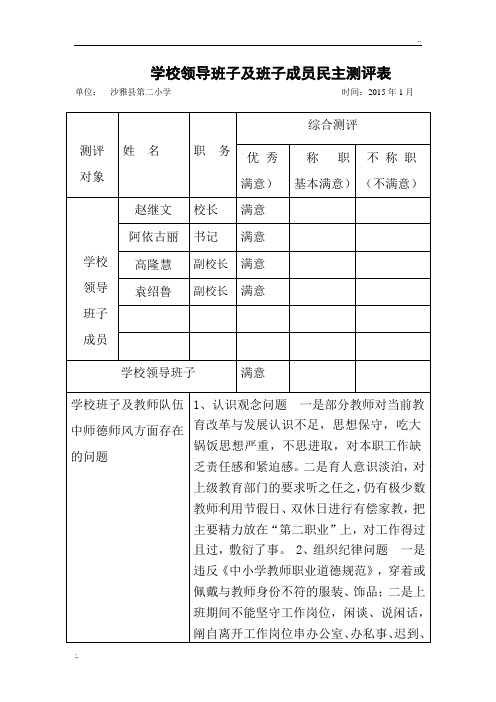 学校领导班子及班子成员民主测评表