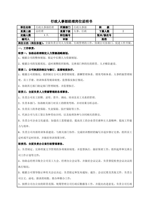 行政人事部经理岗位说明书