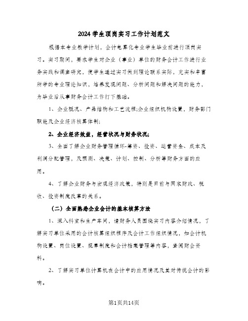 2024学生顶岗实习工作计划范文（五篇）