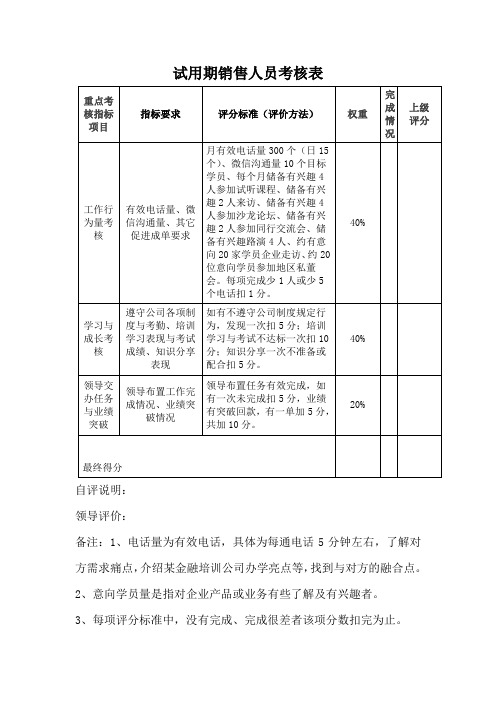 试用期销售人员考核表