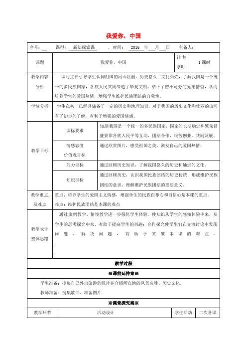 八年级政治上册2.1我爱你中国教案鲁人版六三制