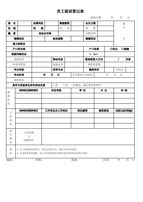 公司面试员工登记表