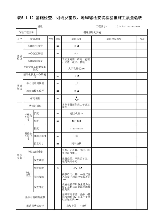 基础检查、划线及垫铁、地脚螺栓安装检验批质量验收表