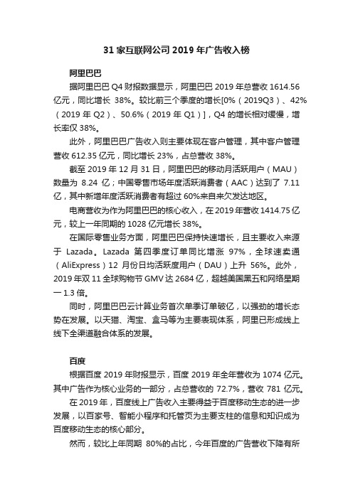 31家互联网公司2019年广告收入榜