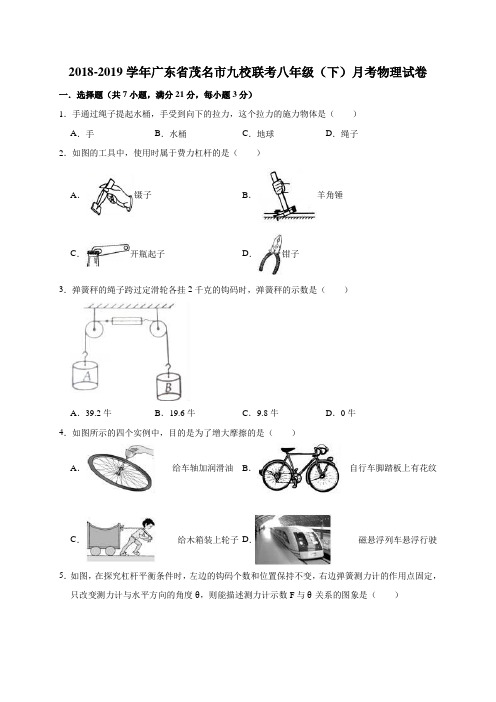 2018-2019广东省茂名市九校联考八年级下月考物理试卷