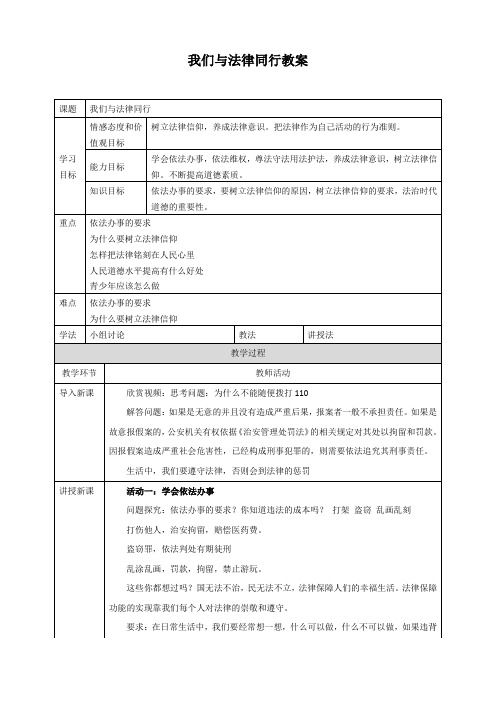【最新】人教版《道德与法治》七年级下册:10.2 我们与法律同行 教案 (1)(一)共3份