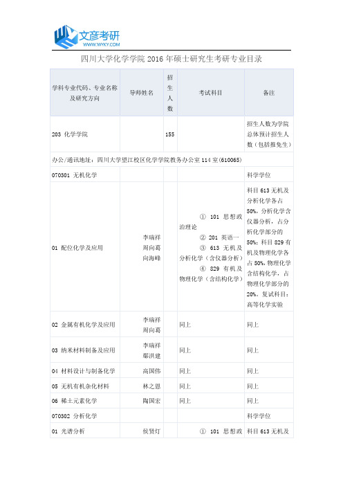 四川大学化学学院2016年硕士研究生考研专业目录_四川大学复试分数线