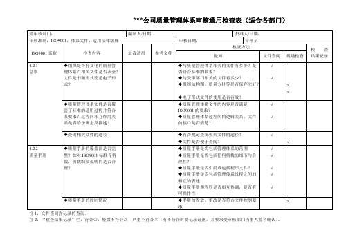 内审通用检查检查表(全套表格-适合各部门)