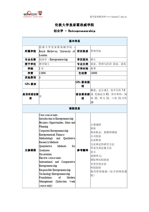 伦敦大学皇家霍洛威学院创业学专业硕士