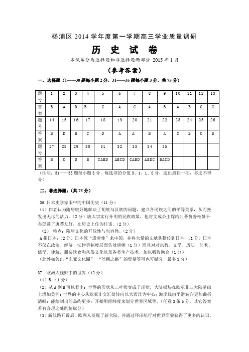 杨浦区14学年第一学期一模考参考答案