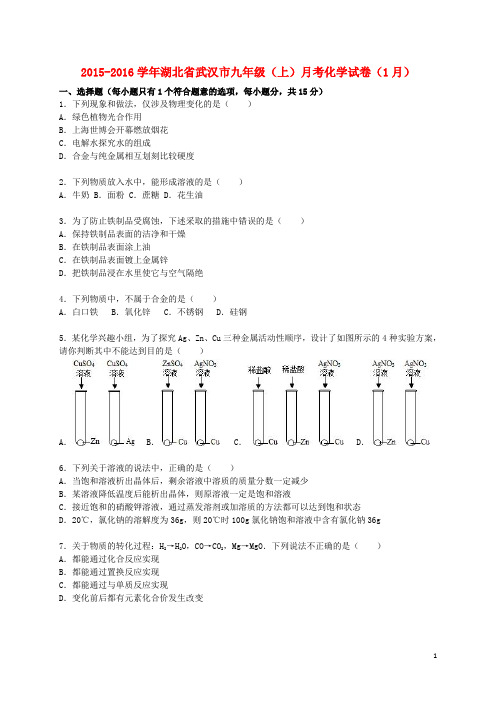 湖北省武汉市九年级化学上学期1月月考试题(含解析) 新