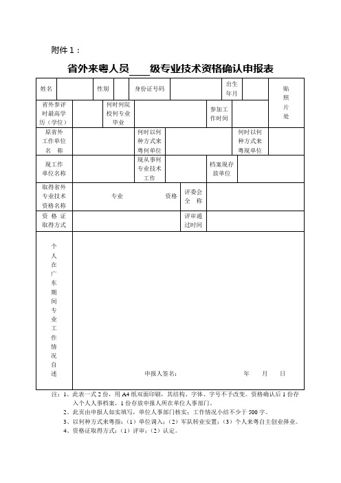 省外来粤人员高级专业技术资格确认申报表