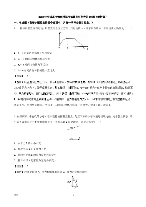 2018年全国高考物理模拟考试最有可能考的30题(解析版)