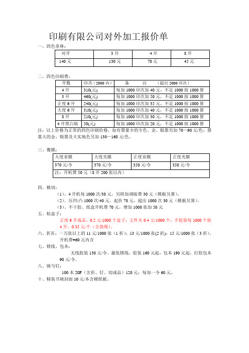 印刷有限公司对外加工报价单