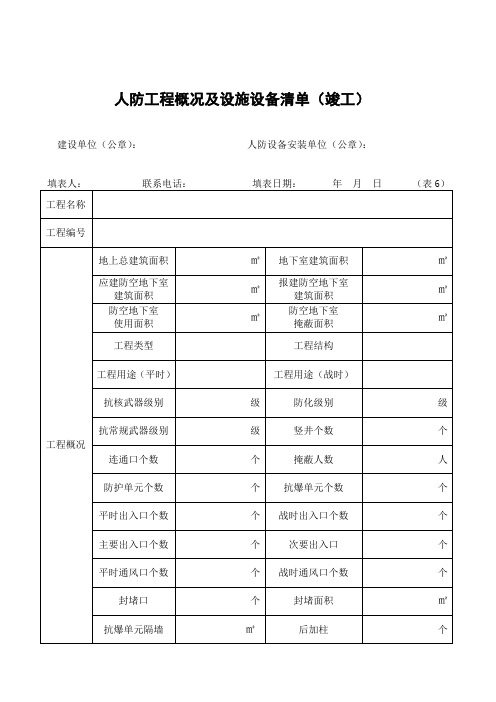 人防工程概况及设施设备清单(竣工)