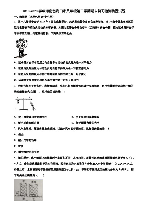 2019-2020学年海南省海口市八年级第二学期期末复习检测物理试题含解析