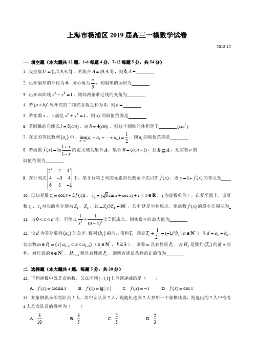 2019上海杨浦区高考数学一模