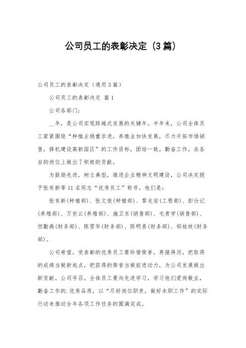 公司员工的表彰决定(3篇)