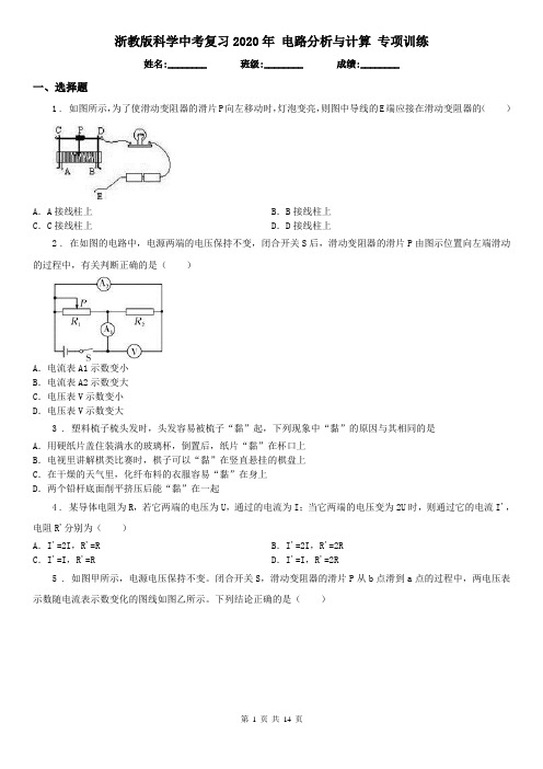 浙教版科学中考复习2020年 电路分析与计算 专项训练