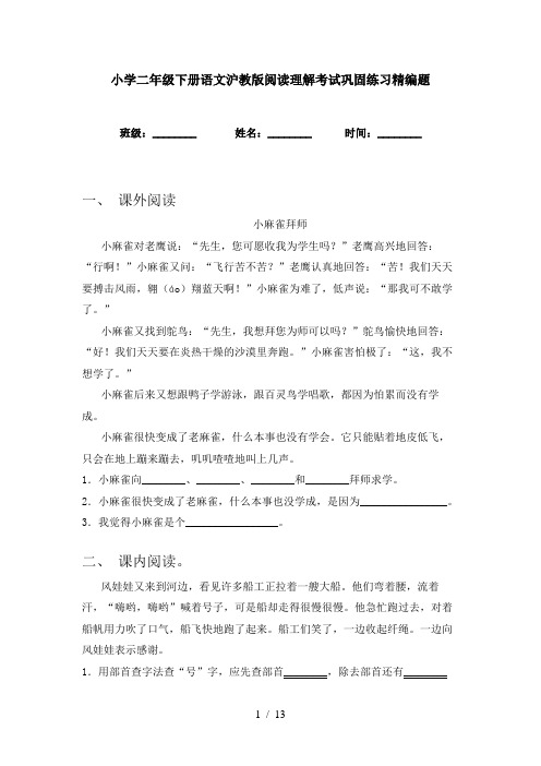 小学二年级下册语文沪教版阅读理解考试巩固练习精编题