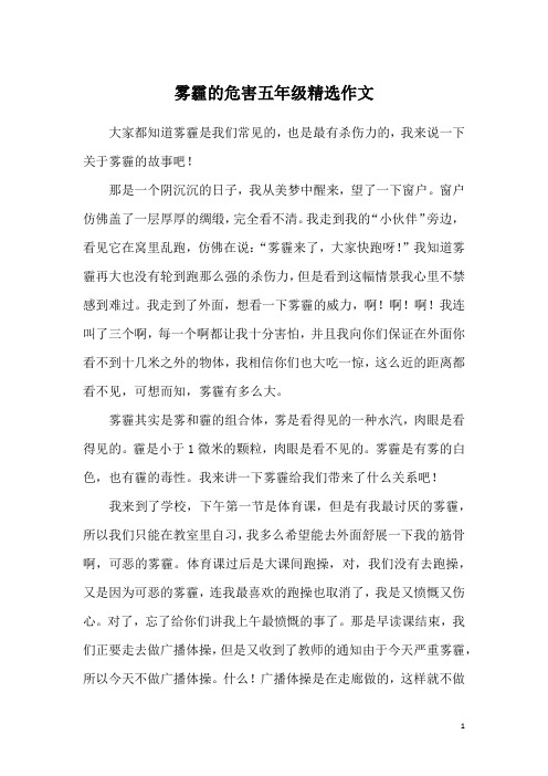 雾霾的危害五年级精选作文