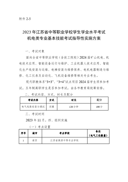 2023年江苏省中等职业学校学生学业水平考试机电类专业基本技能考试指导性实施方案