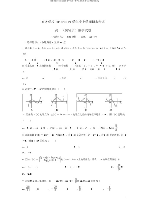 安徽省滁州市定远县育才学校高一数学上学期期末考试试题(实验班)