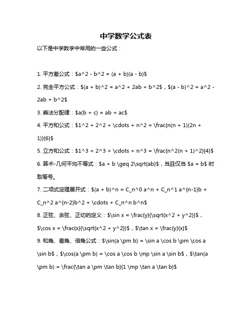 中学数学公式表