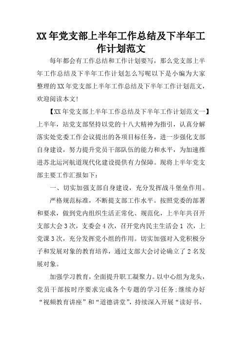 XX年党支部上半年工作总结及下半年工作计划范文