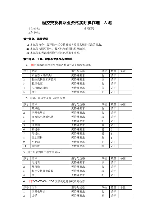 程控交换机职业资格实际操作题A卷