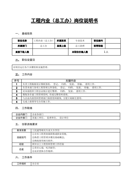 房地产公司工程内业总工办岗位说明书