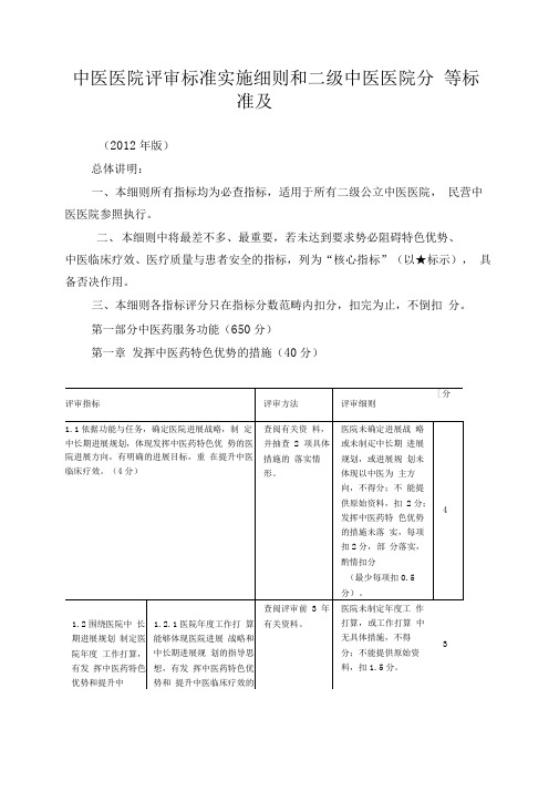 中医医院评审标准实施细则和二级中医医院分等标准及