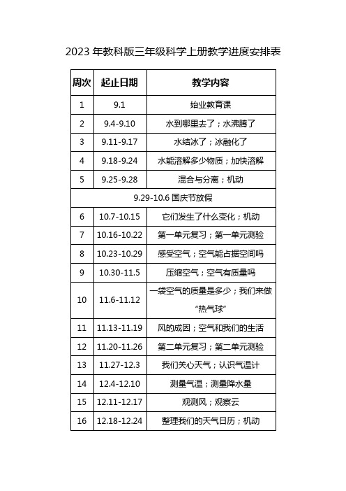 三上科学教学进度安排