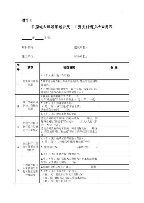 住房城乡建设领域农民工工资支付情况检查用表