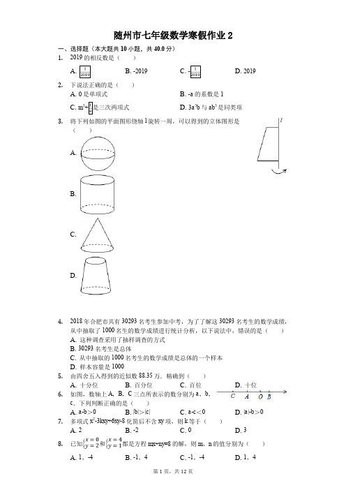 随州市七年级数学寒假作业(含答案) (2)