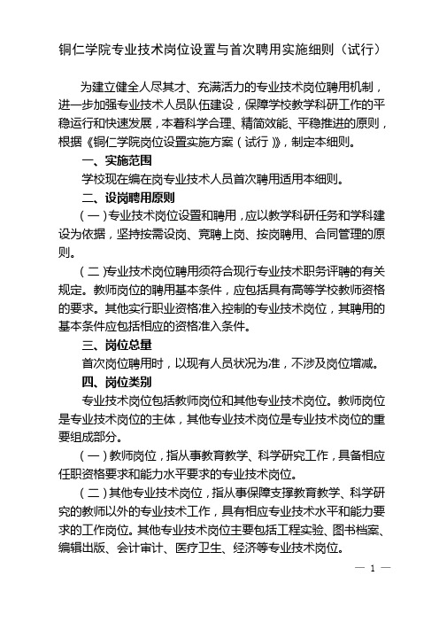 铜仁学院专业技术岗位设置与首次聘用实施细则试行.doc