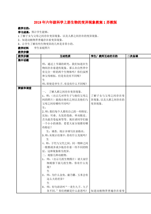 (小学教育)2019年六年级科学上册生物的变异现象教案1苏教版