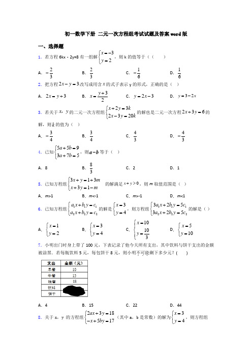 初一数学下册 二元一次方程组考试试题及答案word版