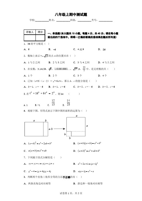 华师大八年级上其期中测试题(含答案)