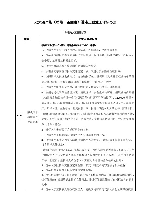 双大路二期(柏峪—斋幽路)道路工程施工评标办法